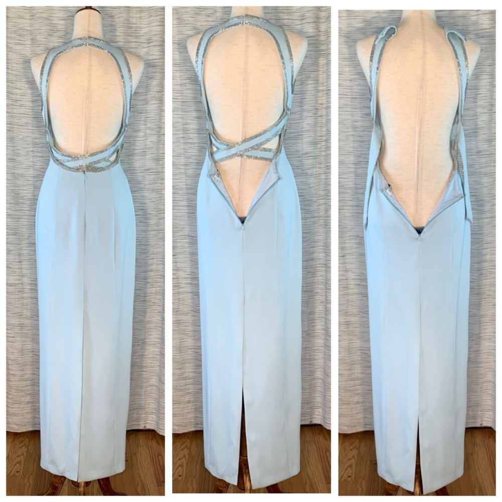 Peak Evenings Sky Blue Sleeveless Formal Evening Gown With Mesh Midriff. - Picture 6 of 15